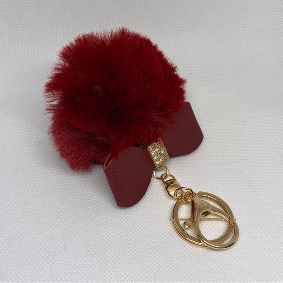Fashion Wine Red Keychain Leather Bow, Plush, Metal. - Picture 3 of 3